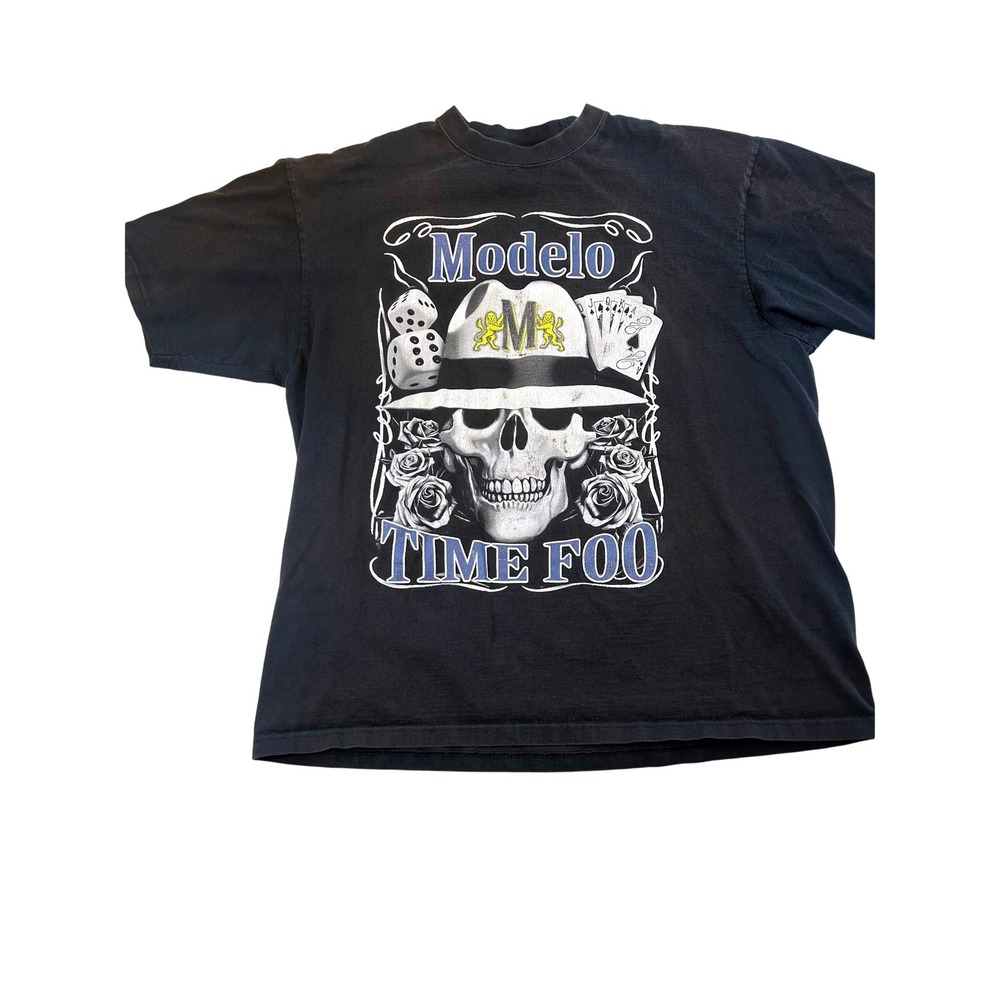 Modelo Time Foo Skull Graphic T-Shirt Mens Black Short Sleeve Fedora Roses Large